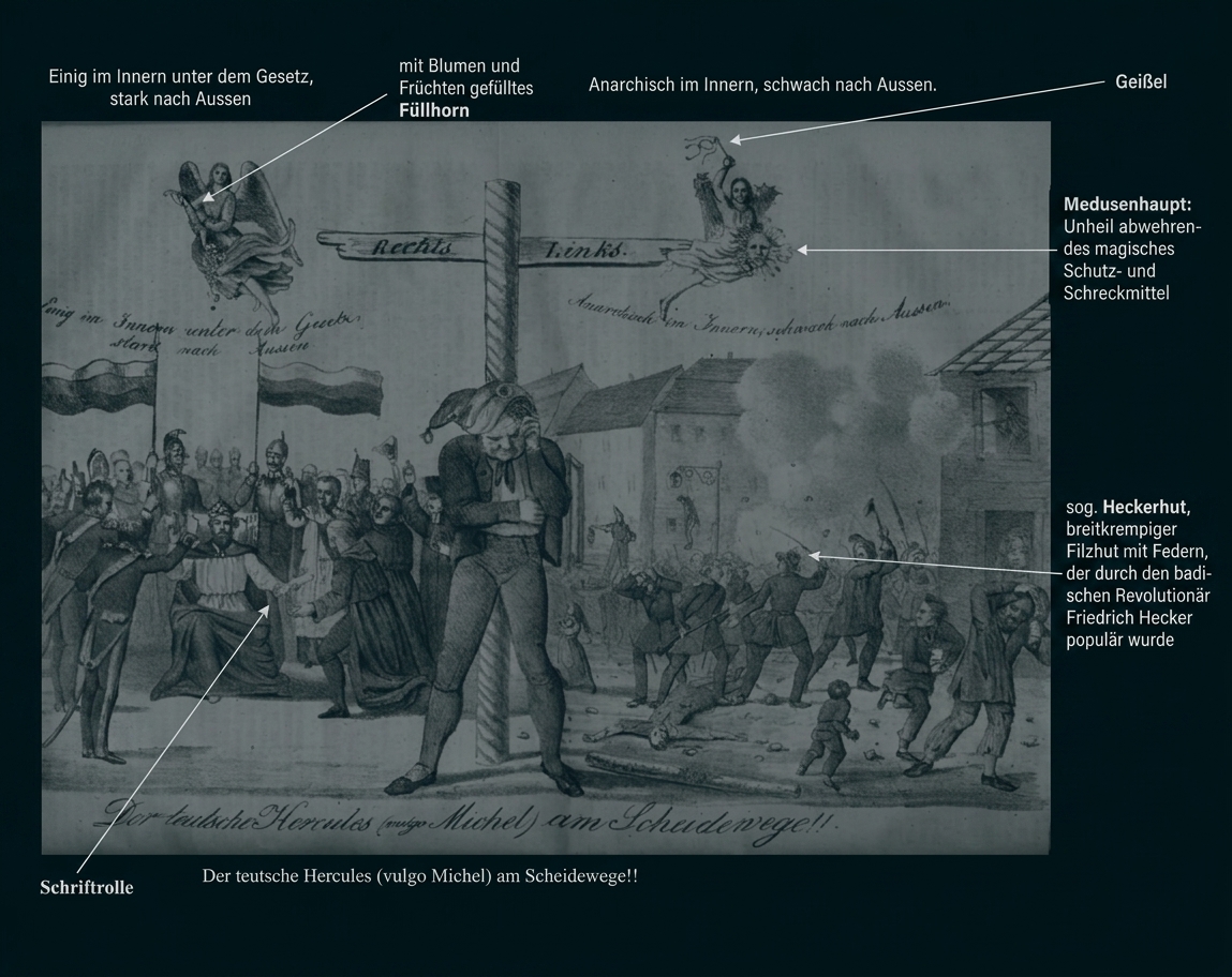 Historische Karikatur mit deutschen Figuren, Symbolen und erklärenden Beschriftungen.